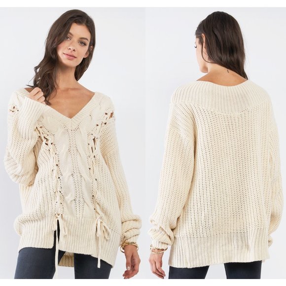 Beige Laced Up Off Shoulder V Neck Tunic Sweater - Picture 2 of 10